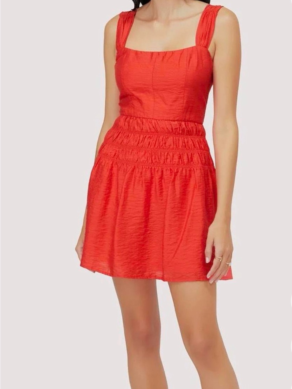 Smocked Waist Square-Neck Mini Dress in Red